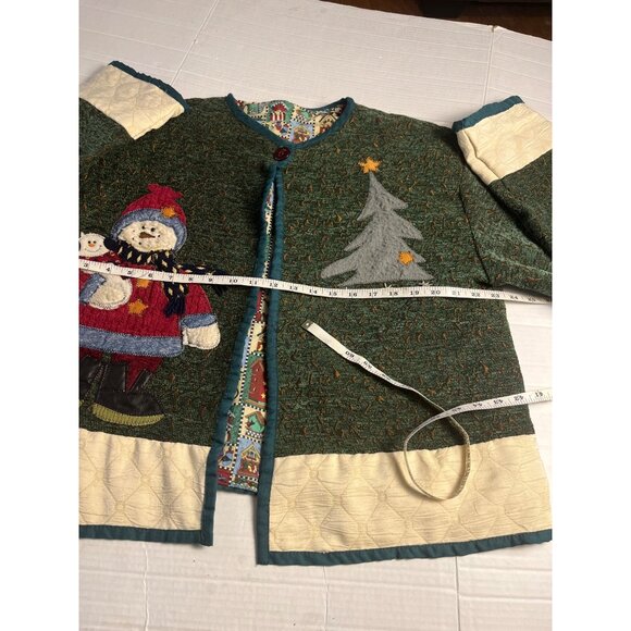Green Wool Blend Holiday Cardigan W/ Snowman & Tree Appliques -  Large button - Picture 11 of 15